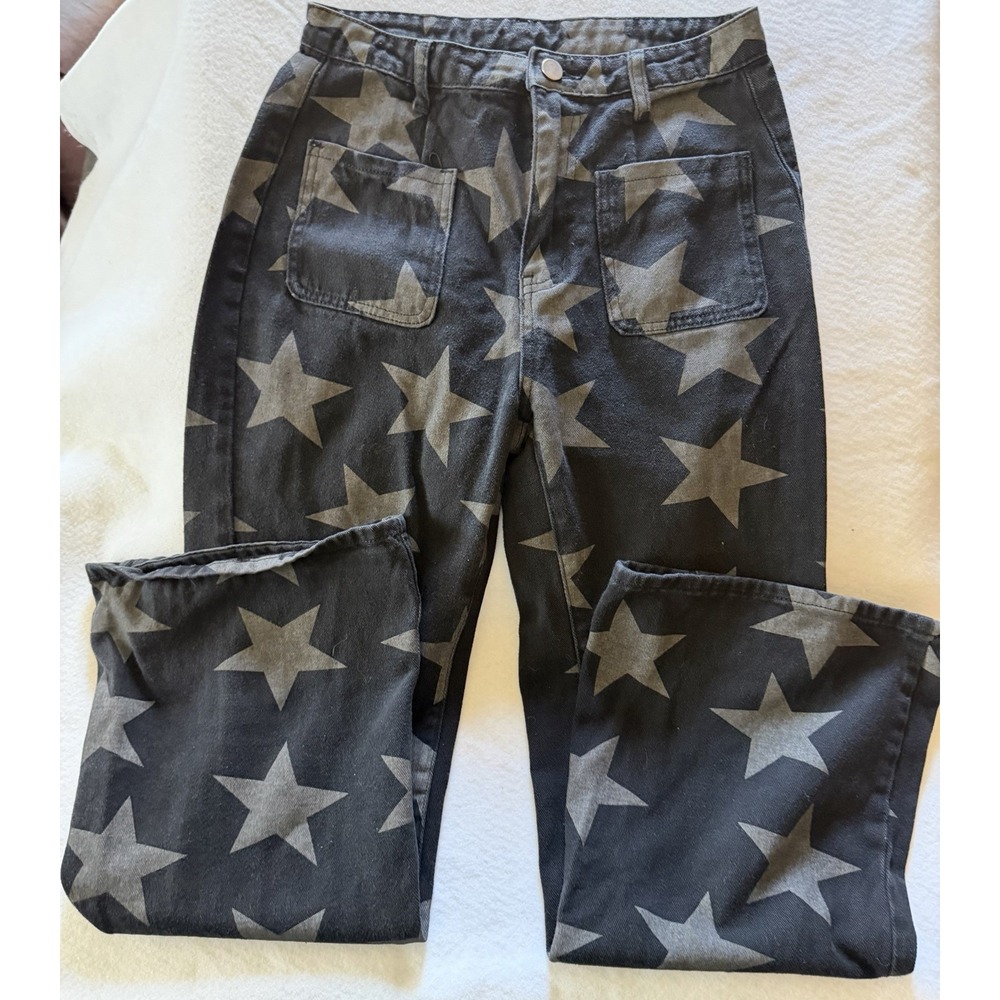 Y2K Cider Women's Wide Leg Black Denim Stars Pattern Grunge Streetwear Size S